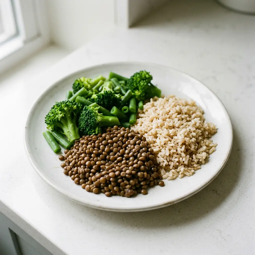 Person filling a small plate with vegetables, lentils, and rice as part of spring fitness habits.