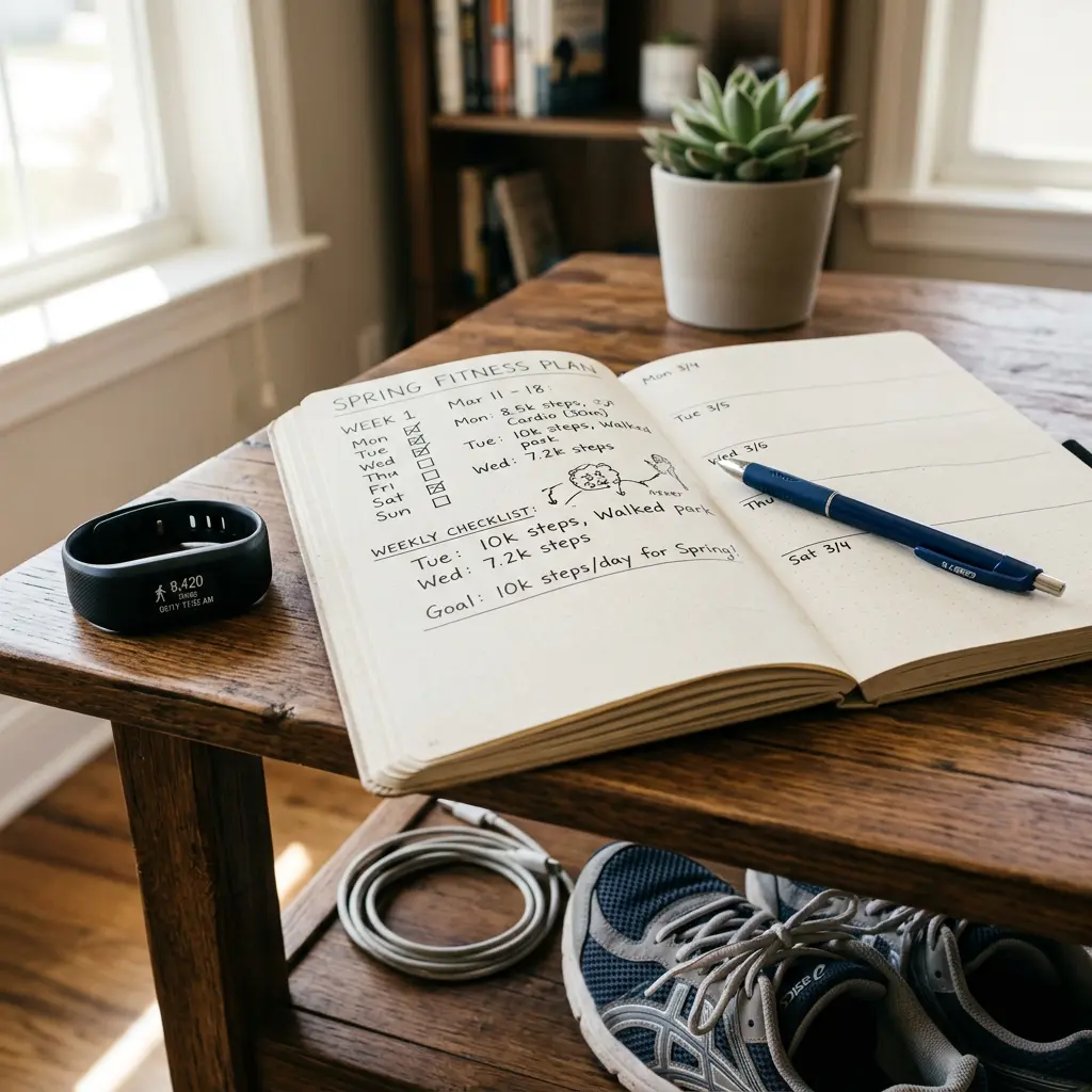 Open fitness journal beside a step counter, weekly checklist, pen, and walking shoes.