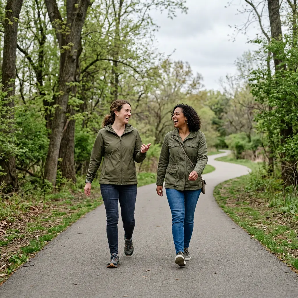 Two friends walking together outdoors, supporting ways to get in shape before spring.