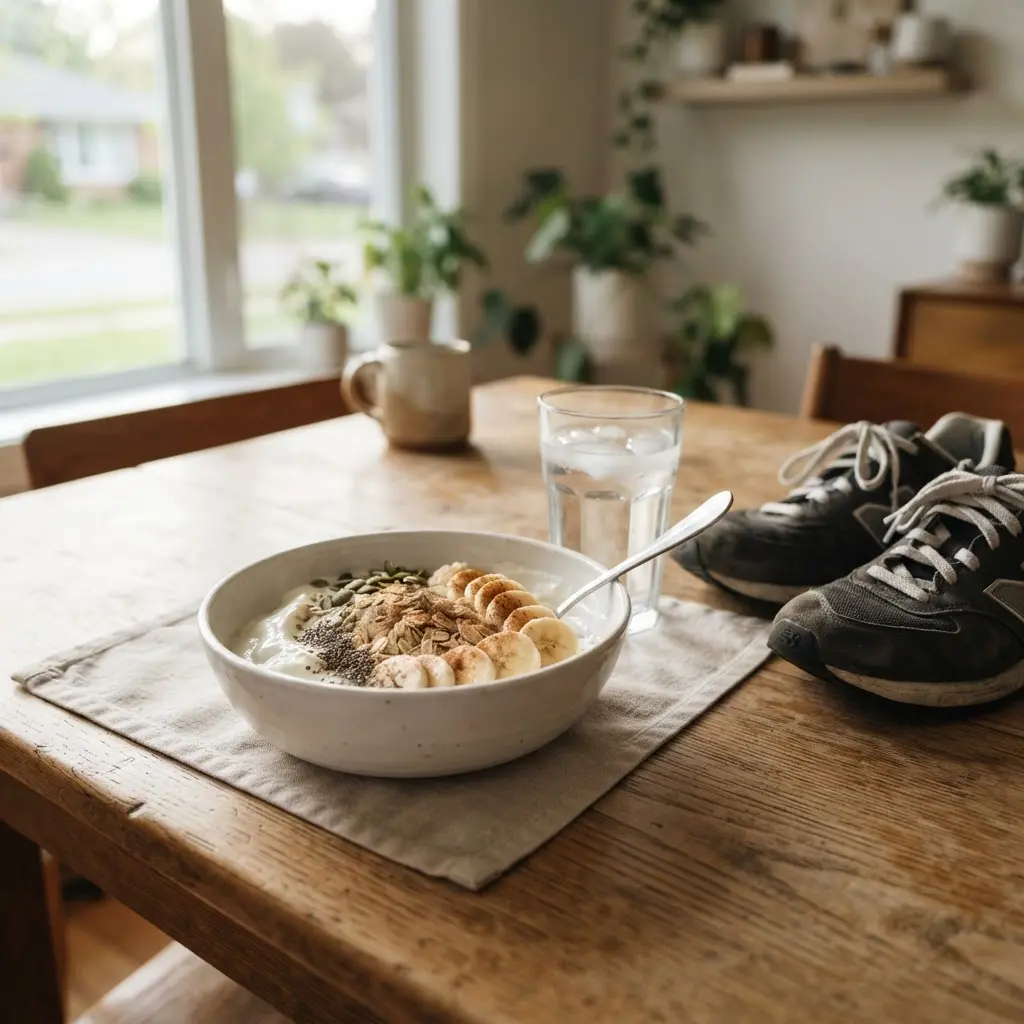 Banana, yogurt, oats, and water beside gym shoes for workout energy planning before training.