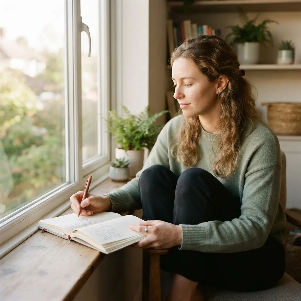 Person seated by a window writing kind body notes in a journal, showing ways to improve your body image.