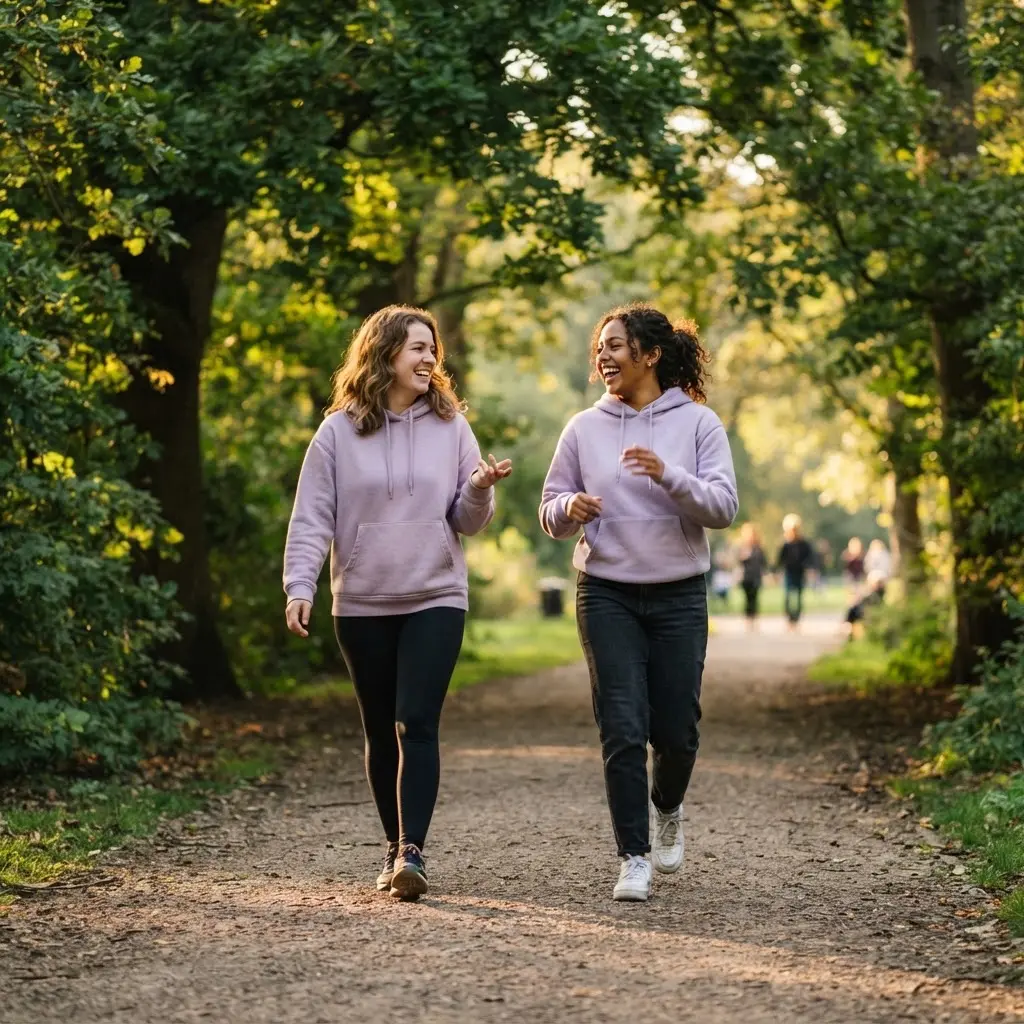 Friends walking together in a park, focused on joyful movement and ways to improve your body image.