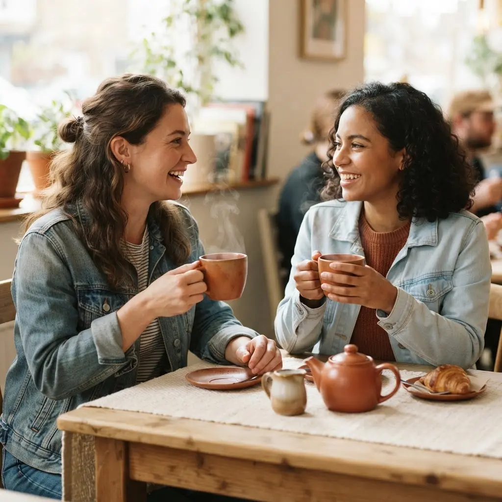 Two friends sharing tea and listening with care during a supportive conversation about body respect.
