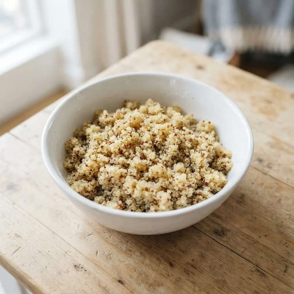 Quinoa in a plain white bowl on a plain wooden surface.