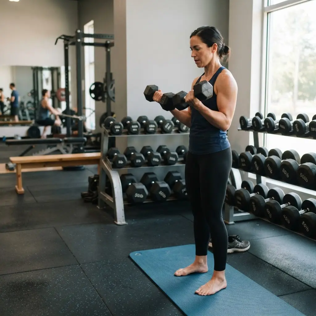 Person lifting dumbbells beside a rack in a bright gym, showing resistance training for metabolism support.