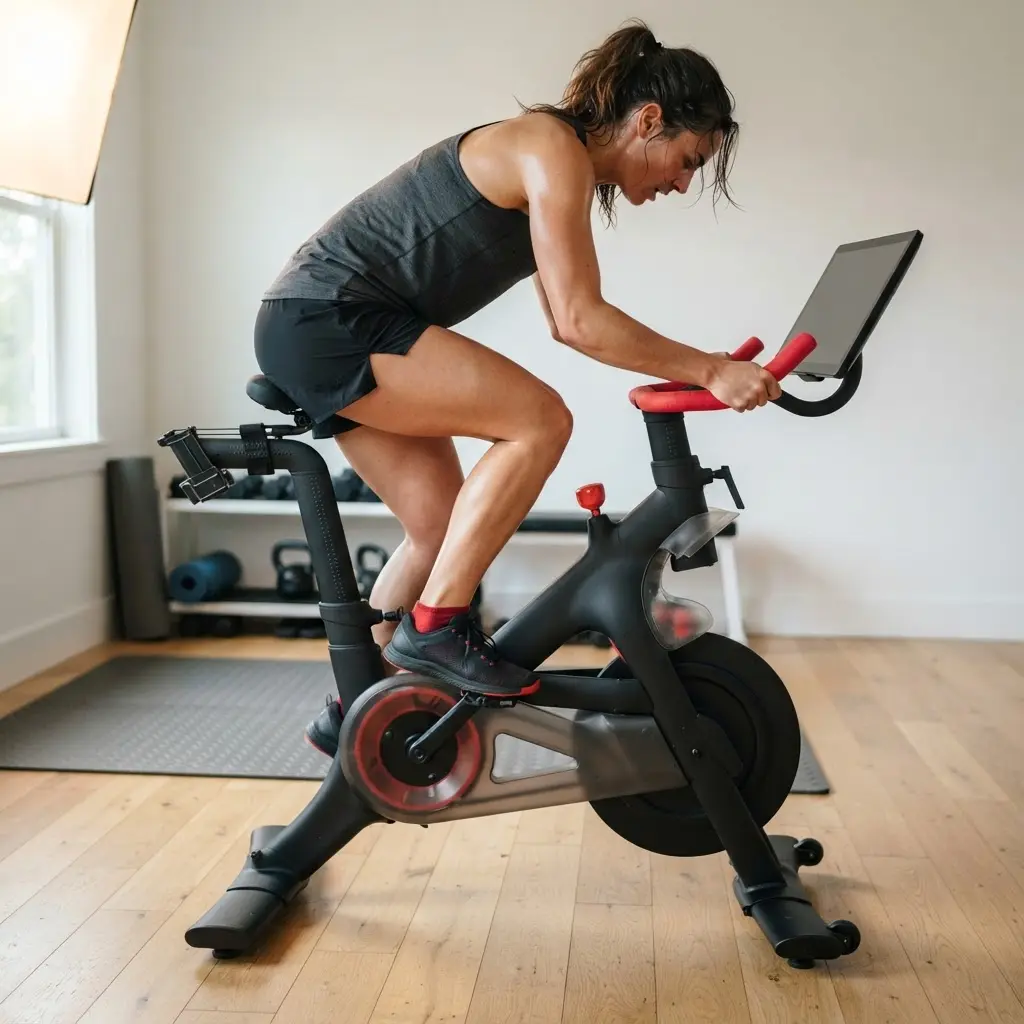 Person pedaling an indoor bike during high intensity interval training in a clean fitness room.