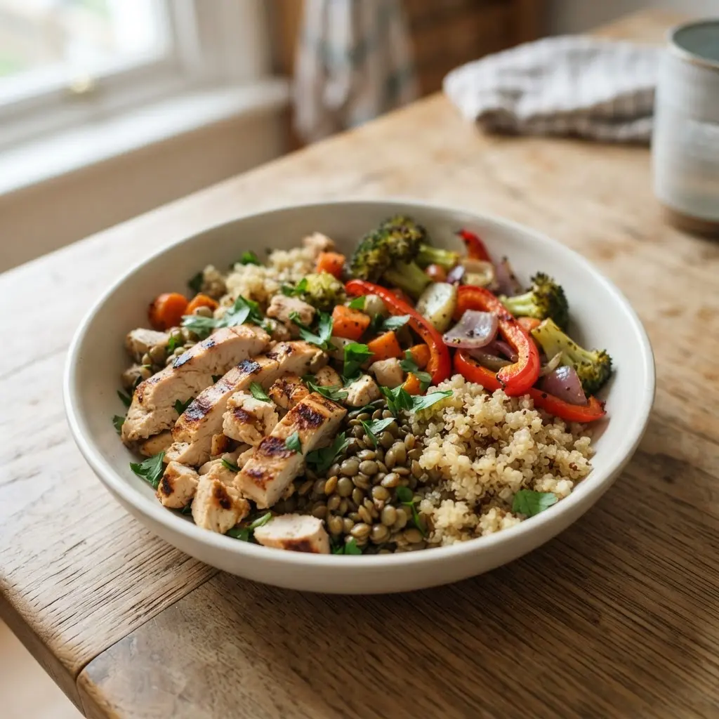 Bowl with grilled chicken, lentils, quinoa, and vegetables, showing protein-rich food for metabolism support.