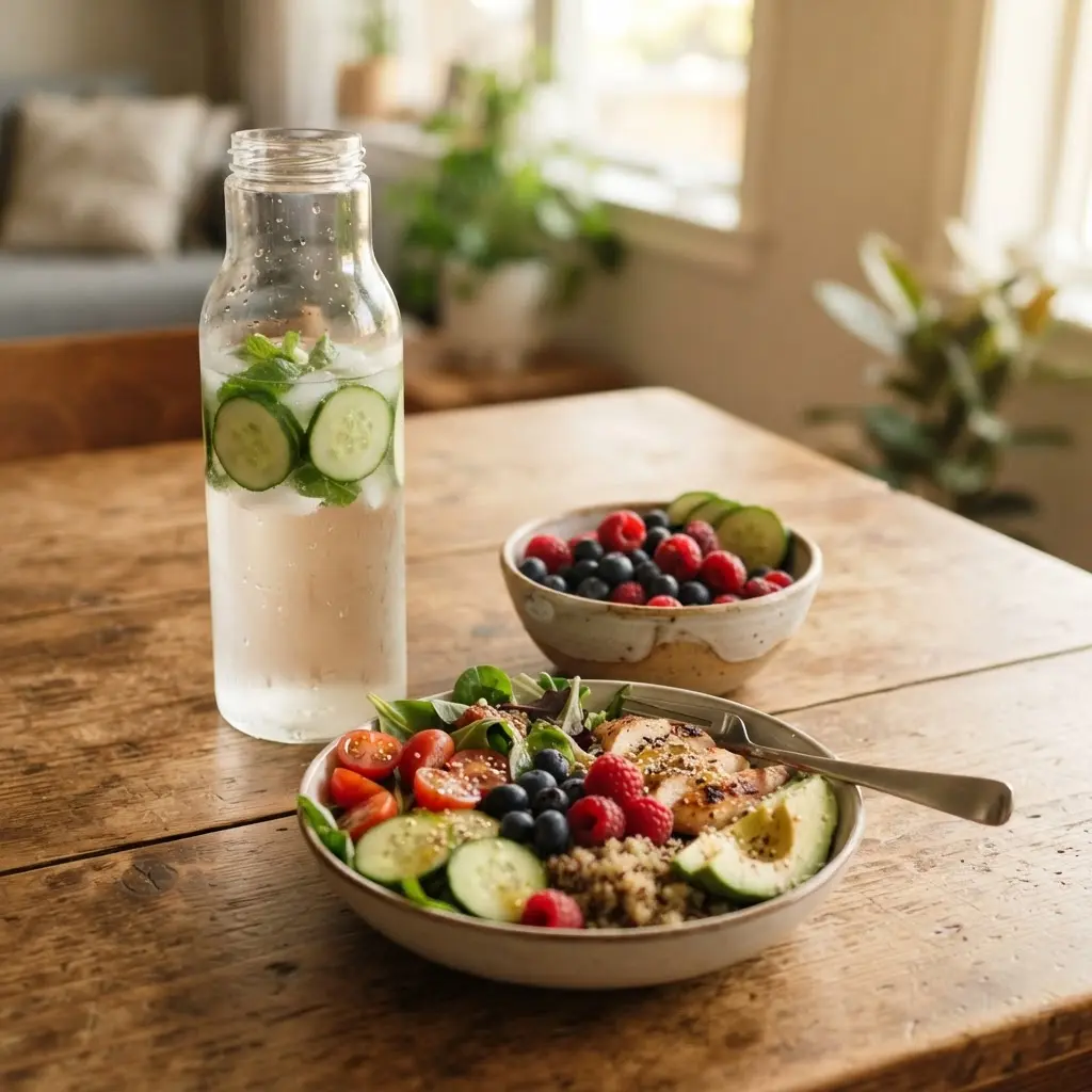 Clear water bottle beside sliced cucumber, berries, and a balanced lunch on a wooden table.