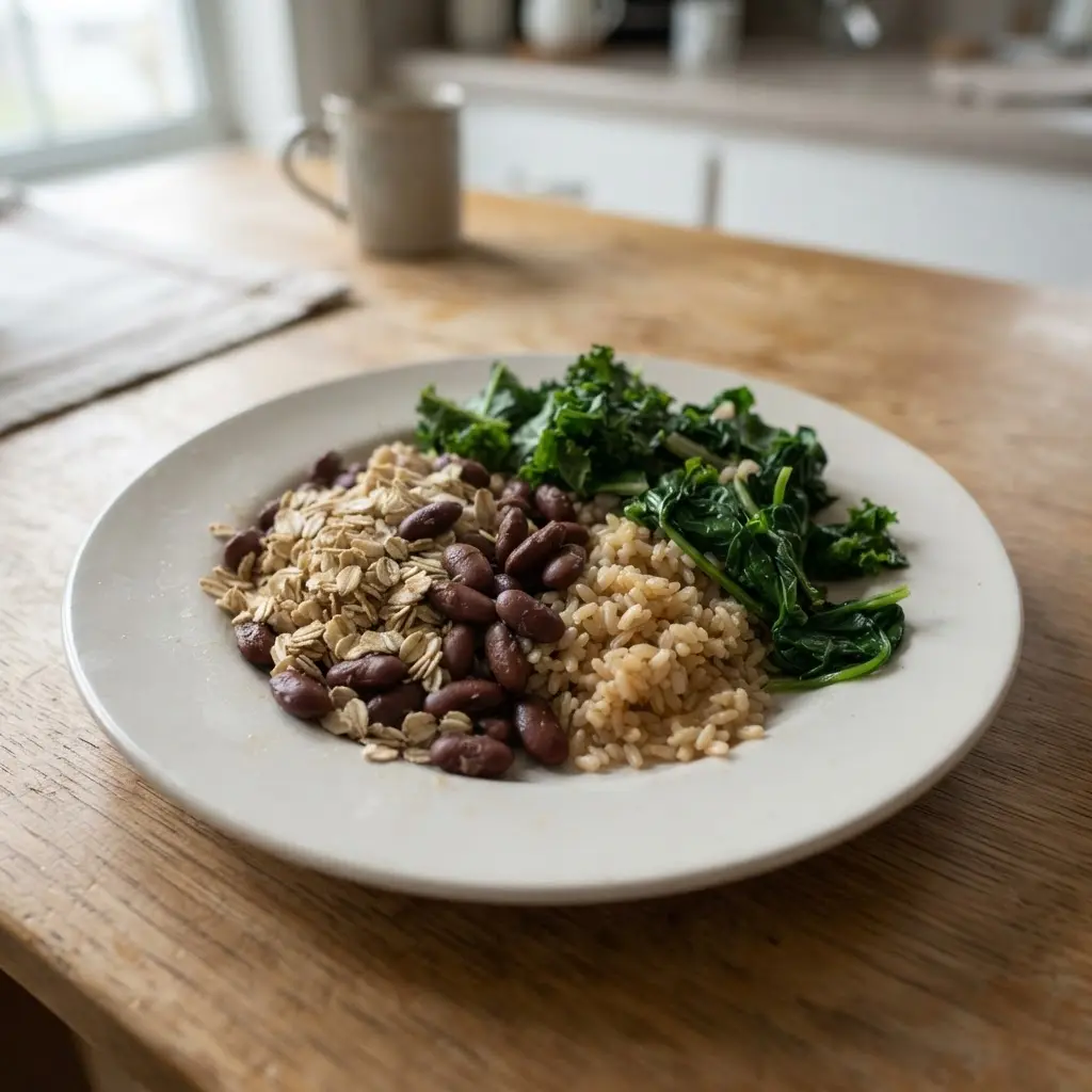 Plate of oats, beans, brown rice, and leafy greens showing fiber-rich unrefined carbohydrates for metabolism support.