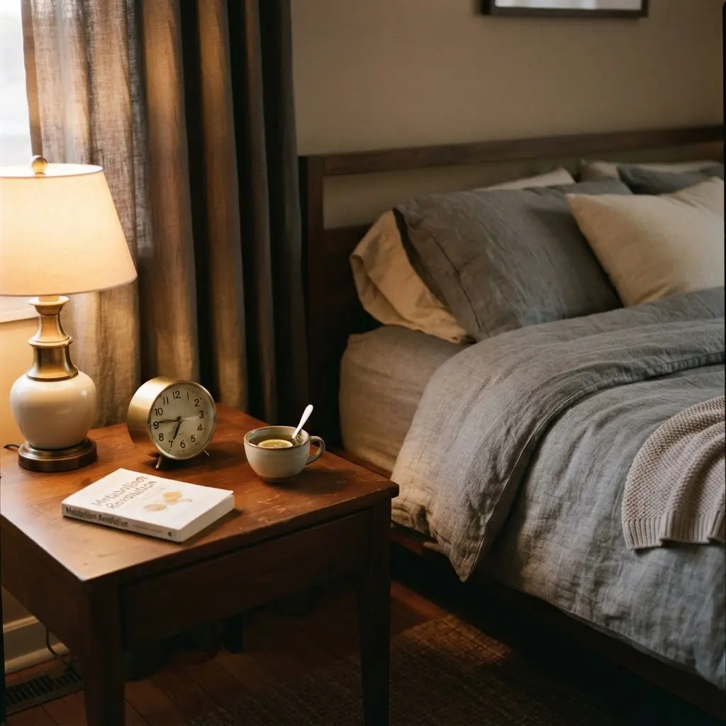 Neatly made bed, bedside clock, closed curtains, and soft evening light in a quiet bedroom.