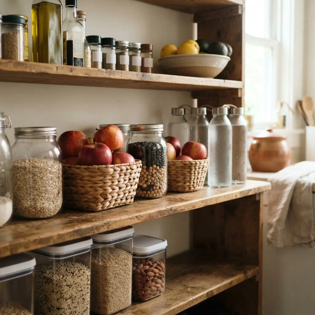 Organized pantry with fruit, oats, beans, and water at eye level, supporting ways to lose weight without dieting.
