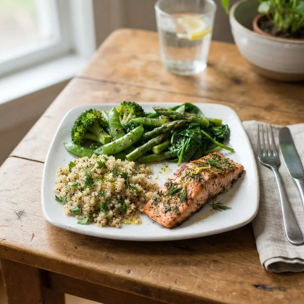 Balanced plate with vegetables, grains, and protein arranged in separate sections on a dining table.