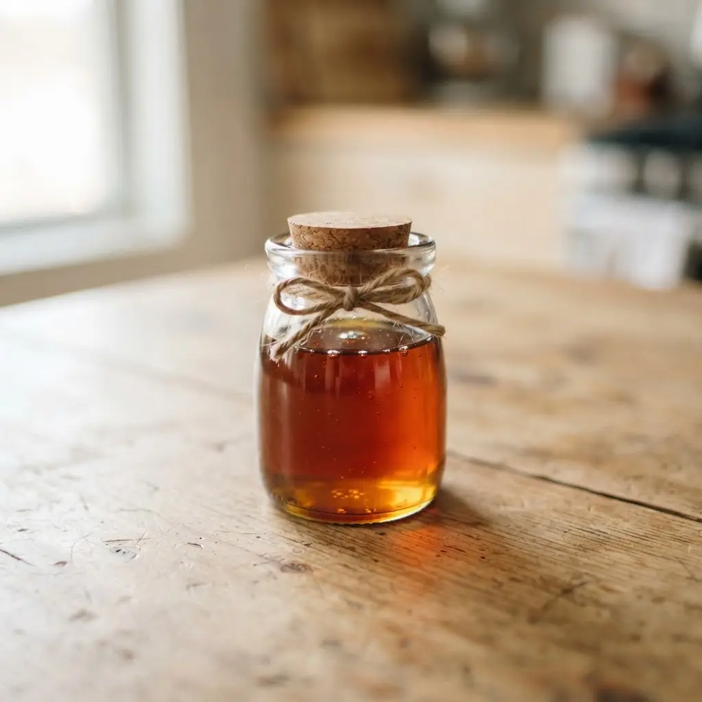 Syrup on a plain wooden surface.
