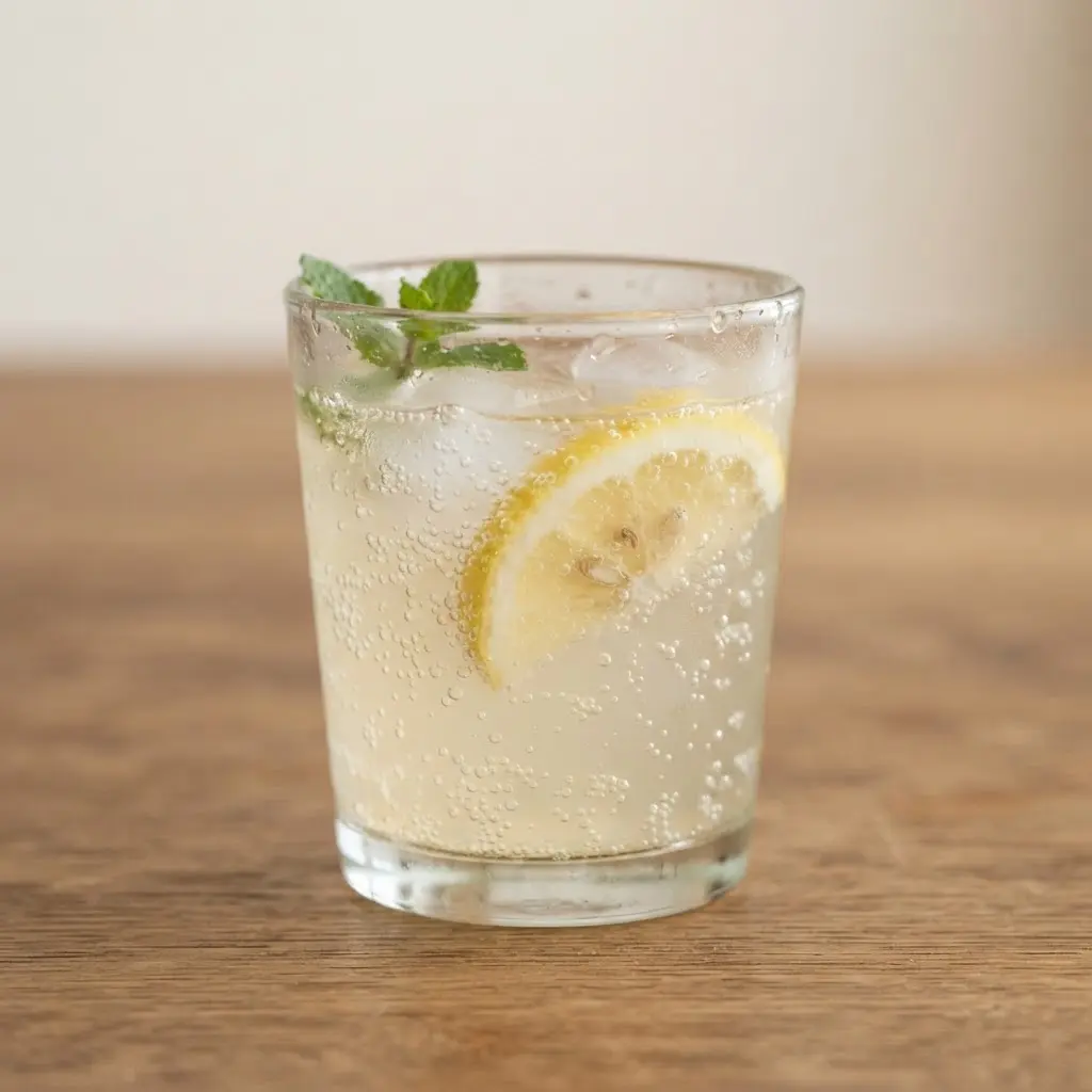 Sparkling lemonade in a clear drinking glass in close-up.