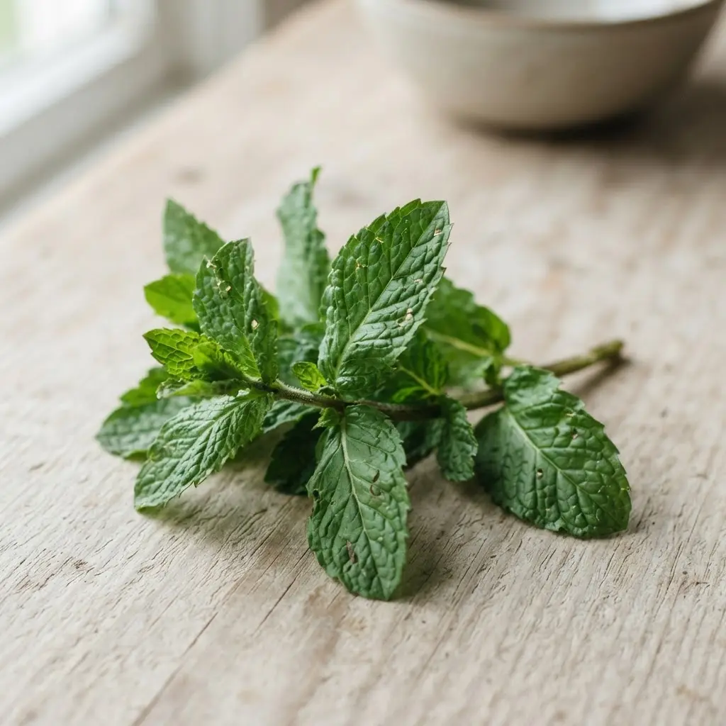 Mint on a plain wooden surface.