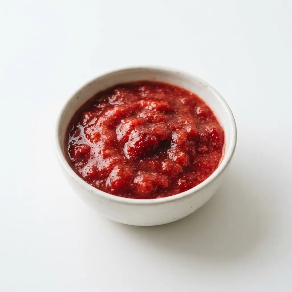 Strawberry puree on a clean white background.