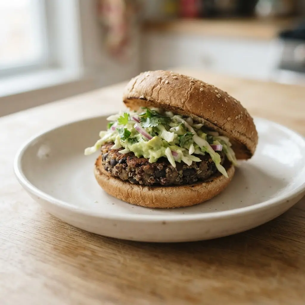 Golden smoky black bean quinoa veggie burger with avocado slaw on a toasted bun, crisp edges visible.
