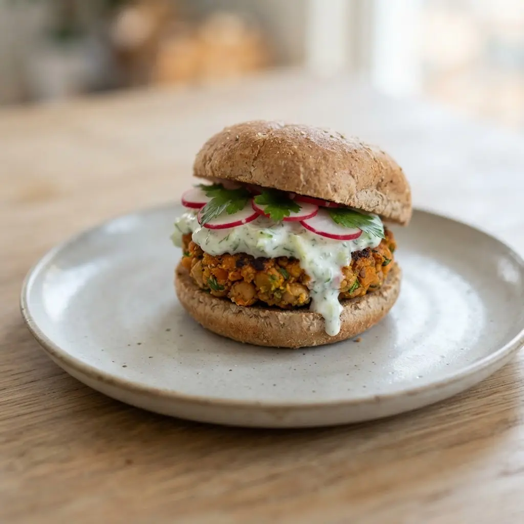 Spicy chickpea sweet potato sliders with cucumber sauce, sliced radishes, and parsley on a wooden board.