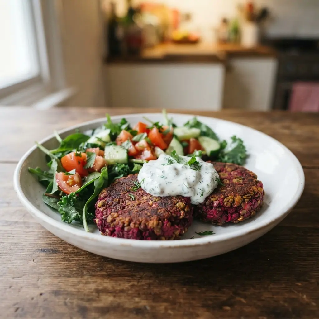 Lentil beetroot Mediterranean patty with herbed yogurt, cucumber, tomato, and greens beside toasted bread.