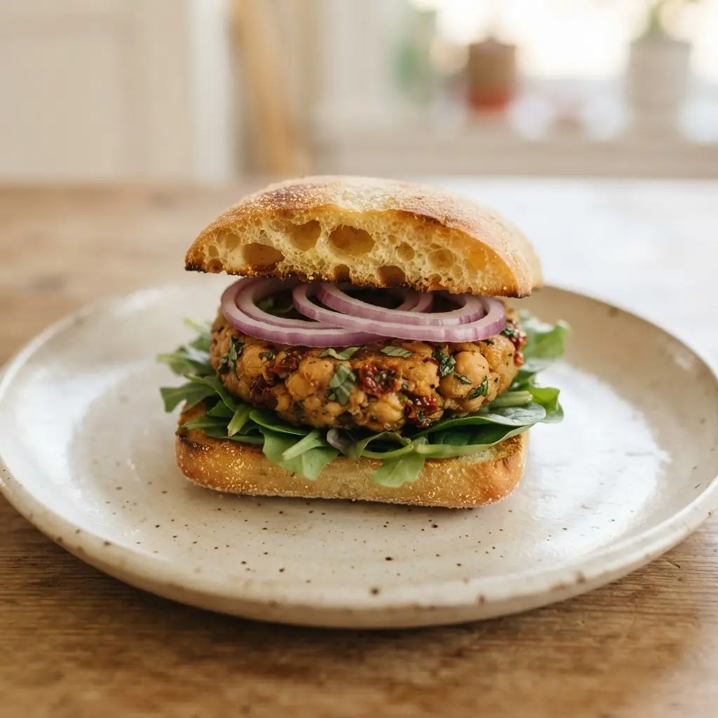Sun-dried tomato basil chickpea veggie burger with lemon greens, red onion, and a golden seared surface.