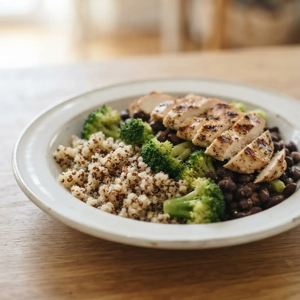 Colorful meal containers with grains, vegetables, and beans arranged for ways to make dieting easy.