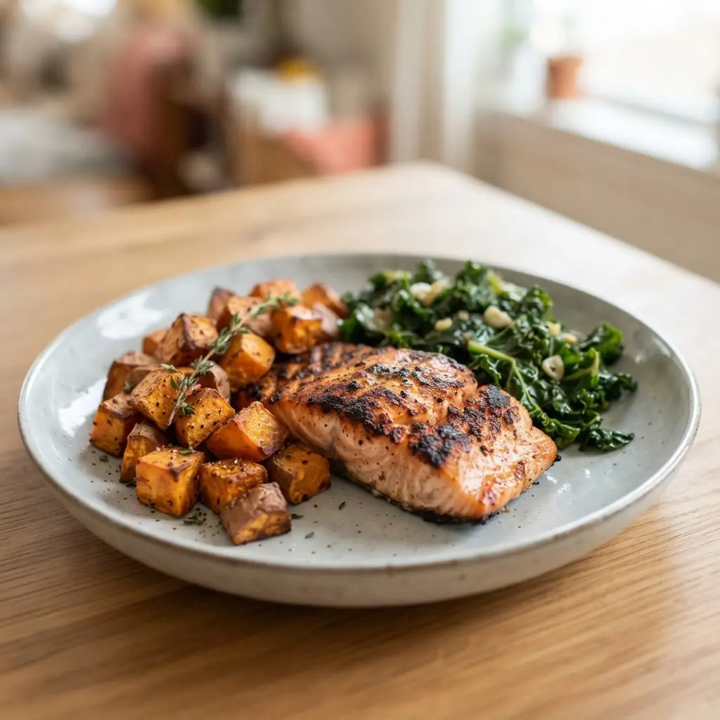 A balanced plate with vegetables, lean protein, whole grains, and a small serving of fruit.