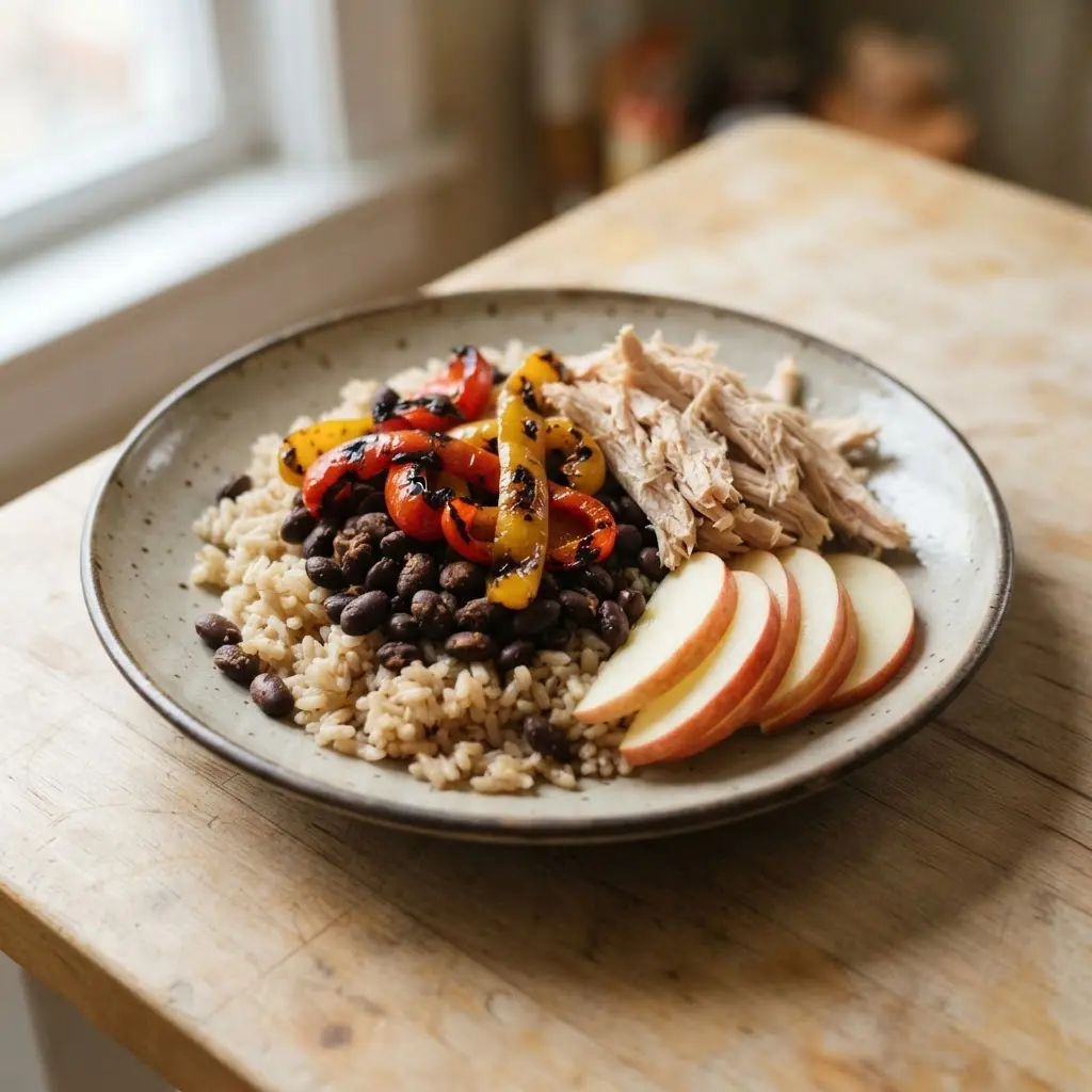 A person pauses beside a snack bowl while a prepared balanced meal sits nearby for ways to make dieting easy.