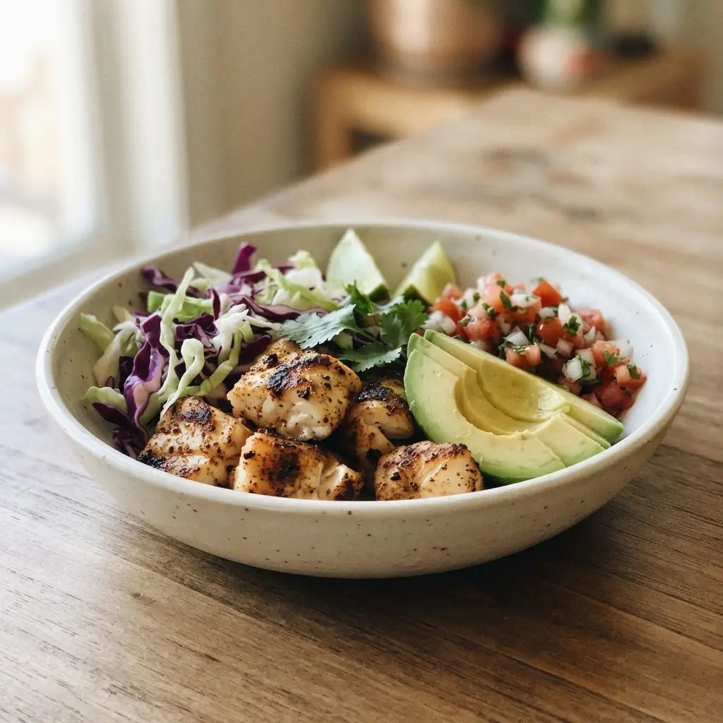 Citrus grilled mahi mahi taco bowl with cabbage, avocado, lime, and colorful salsa on a clean plate.