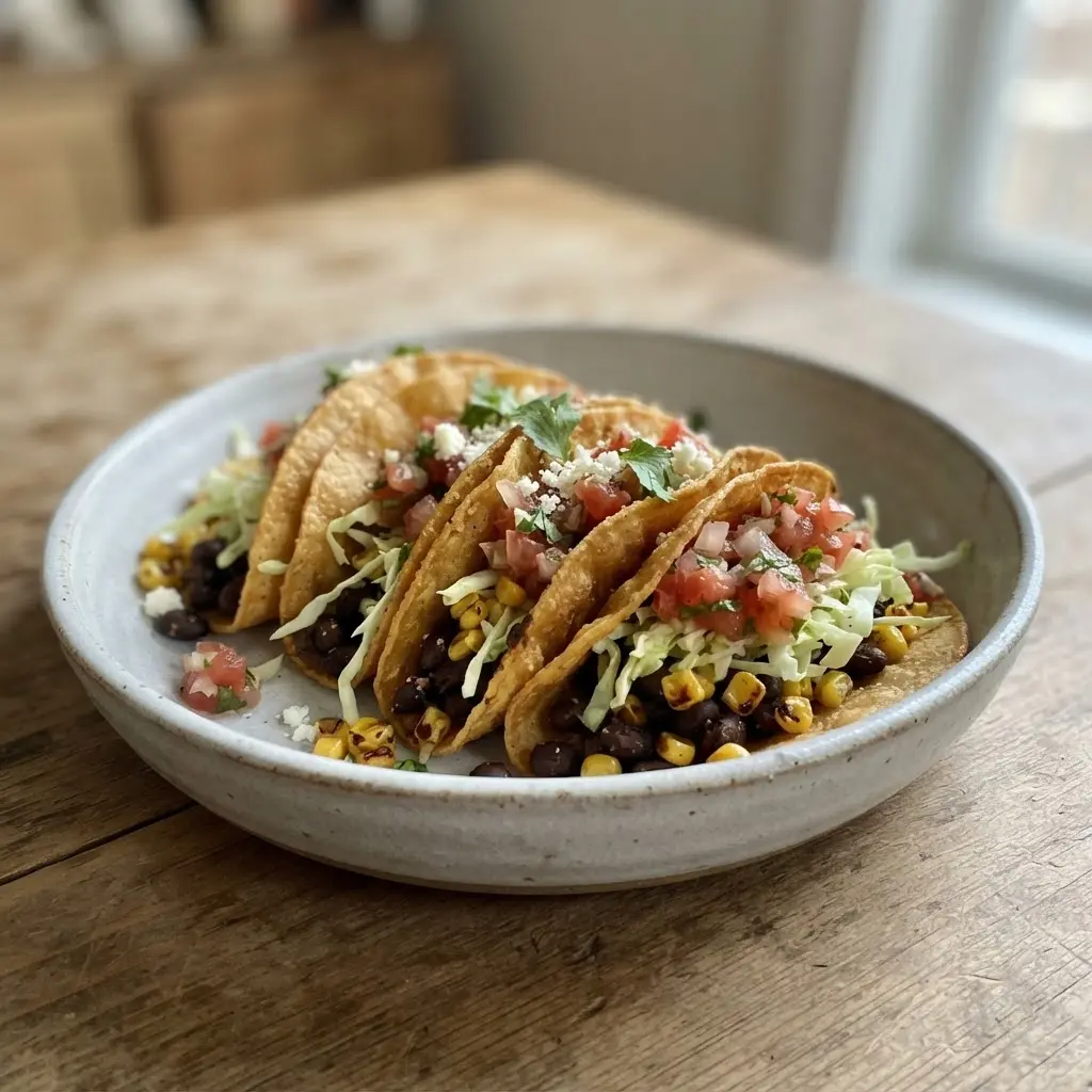 Crispy black bean tacos in corn tortillas with roasted corn, cabbage, tomato salsa, and lime wedges.