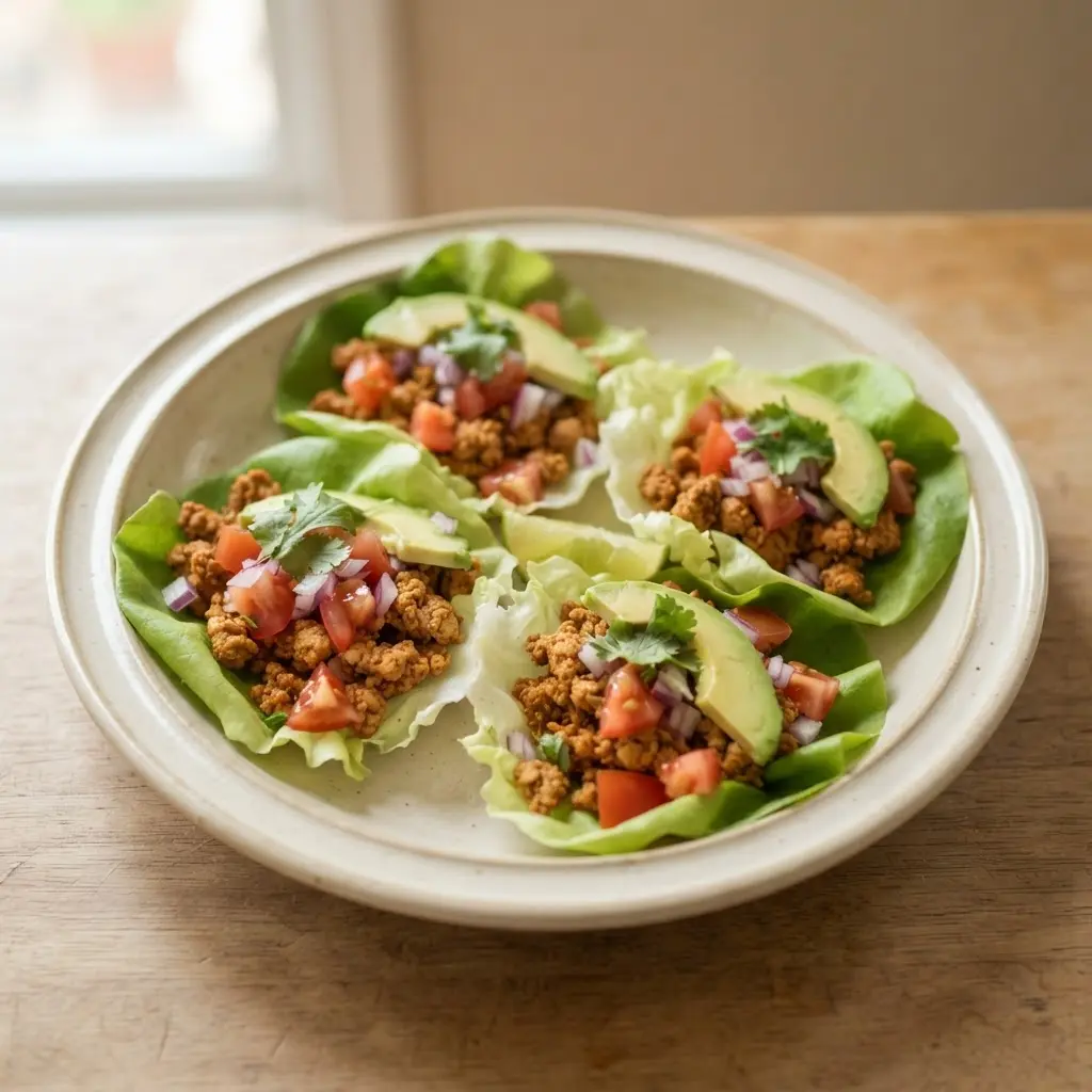 Spiced turkey lettuce wrap tacos with tomato, onion, avocado, and lime for healthier taco inspiration.