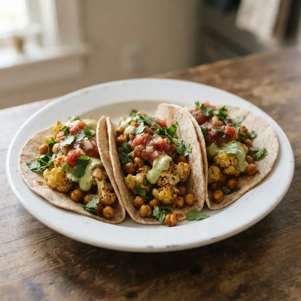 Whole wheat tacos filled with roasted cauliflower, chickpeas, red cabbage, herbs, and a spoonful of salsa.