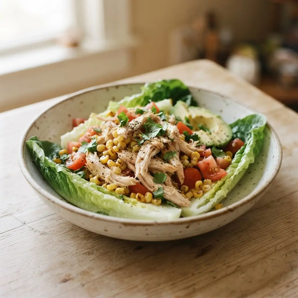 Smoky shredded chicken in crisp romaine leaves with corn, tomato, avocado, and fresh cilantro.