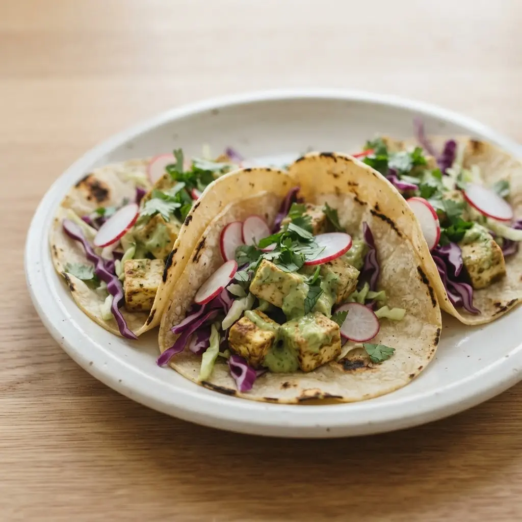 Avocado lime tofu tacos in corn tortillas with cabbage, radish slices, cilantro, and lime wedges.
