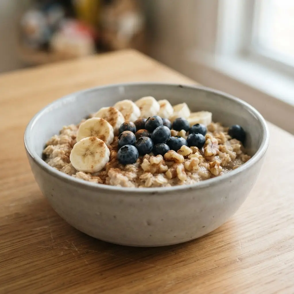 Warm oatmeal topped with sliced banana, blueberries, cinnamon, and chopped walnuts in a white bowl.