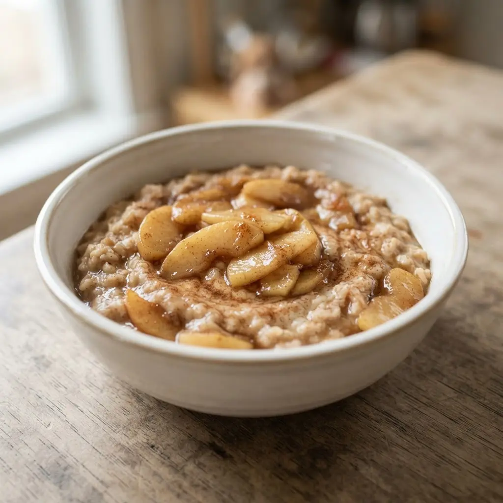Creamy oatmeal topped with cooked apple slices, cinnamon, nutmeg, and a small vanilla spoon beside the bowl.