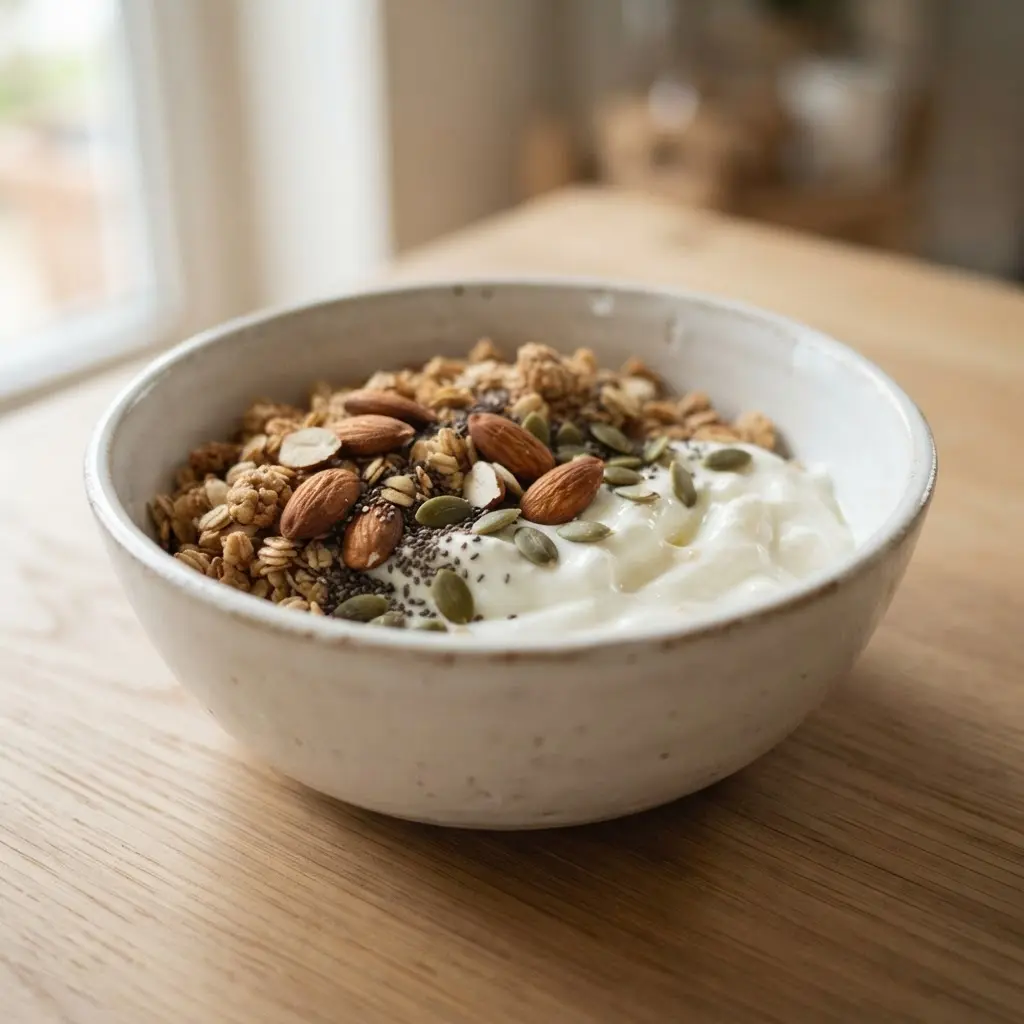 Cereal bowl topped with Greek yogurt, almonds, and seeds for ways to make your cereal more healthy and interesting.