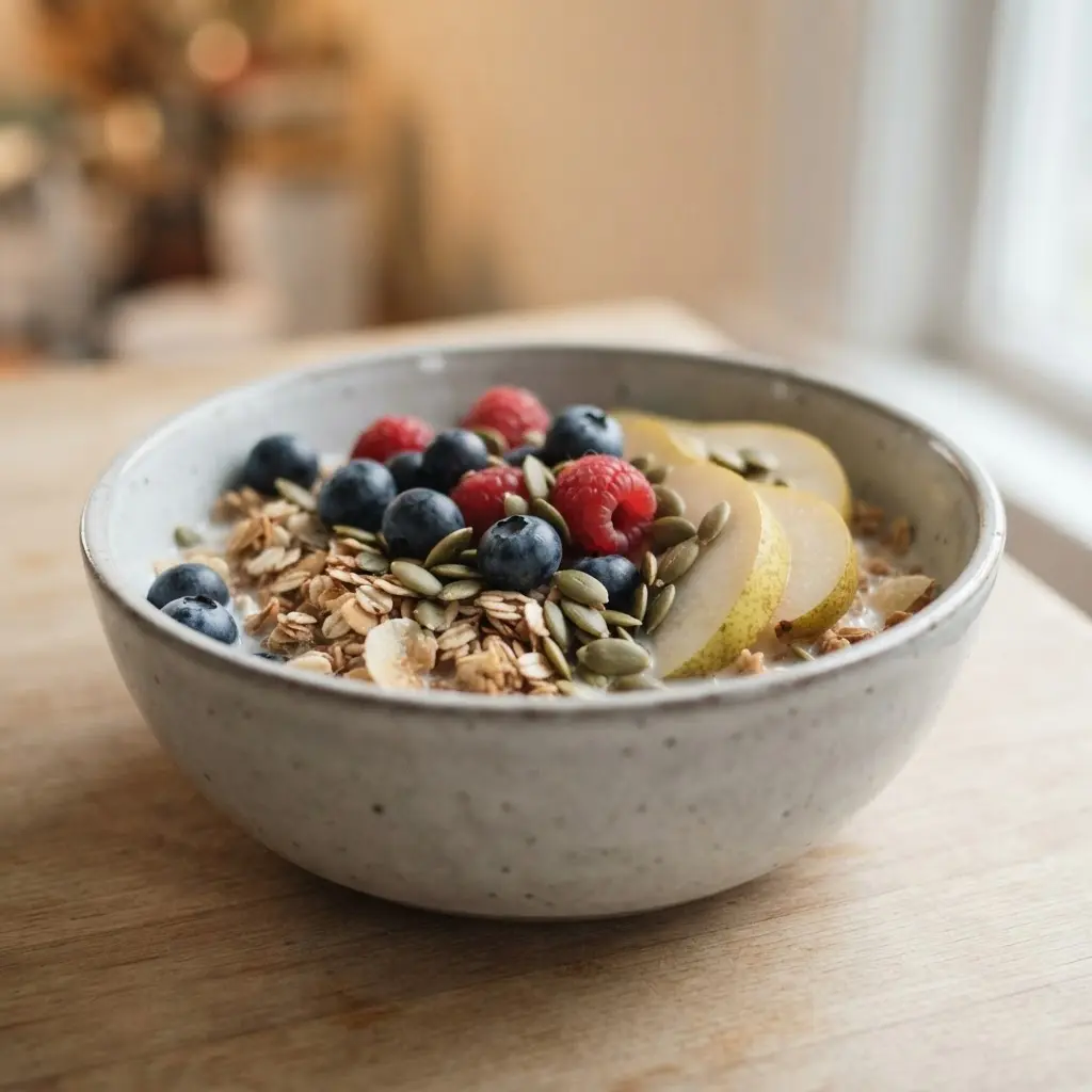 Cereal bowl with blueberries, raspberries, pear slices, and pumpkin seeds on a pale breakfast table.