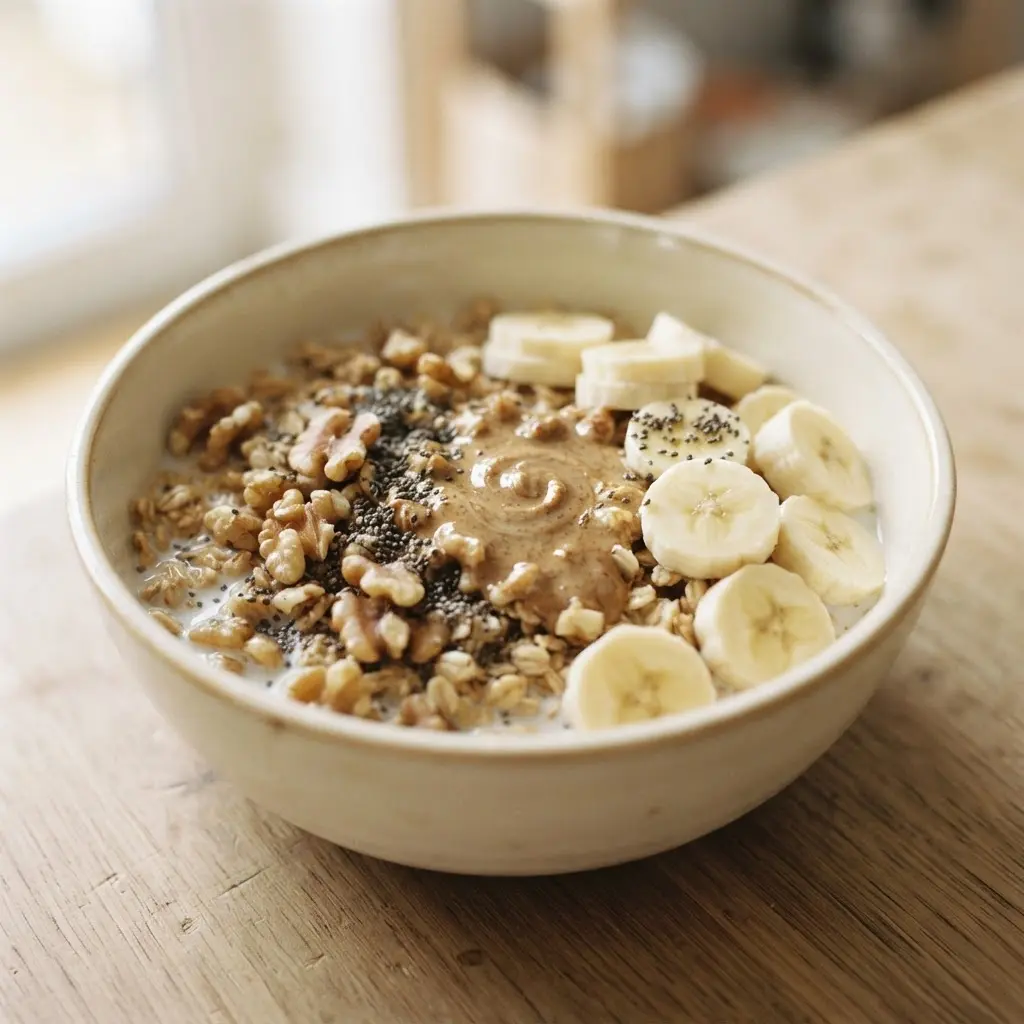Cereal bowl with walnuts, chia seeds, almond butter, and banana slices for a more satisfying breakfast.
