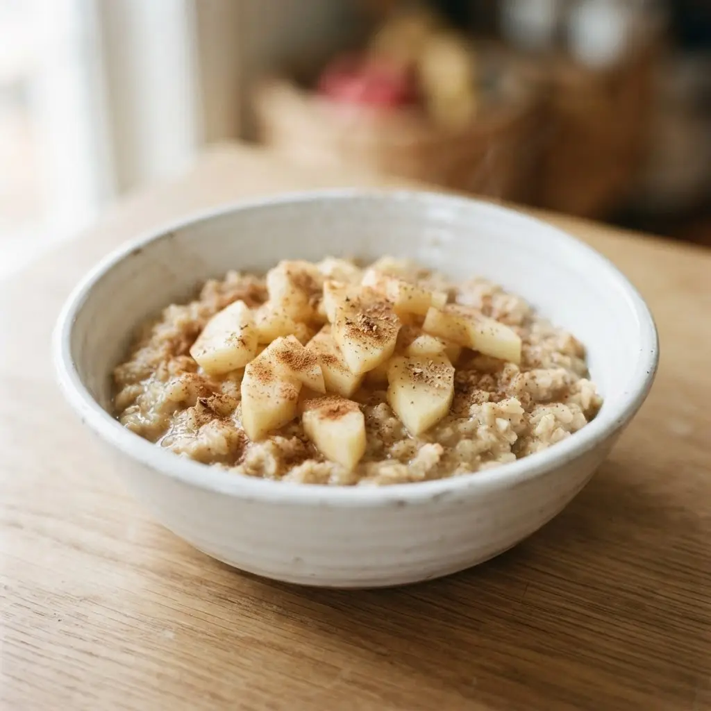 Warm cereal bowl topped with apple slices, cinnamon, nutmeg, and a small spoon beside it.