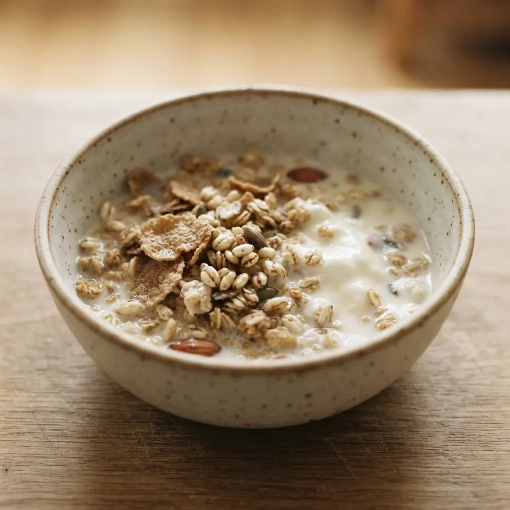 Cereal bowl beside a glass of soy milk, yogurt, sliced banana, and a wooden spoon on a neutral surface.