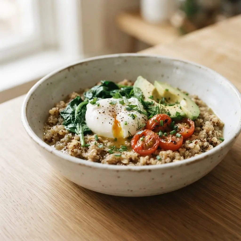 Savory cereal bowl topped with a soft egg, spinach, cherry tomatoes, avocado, and fresh herbs.