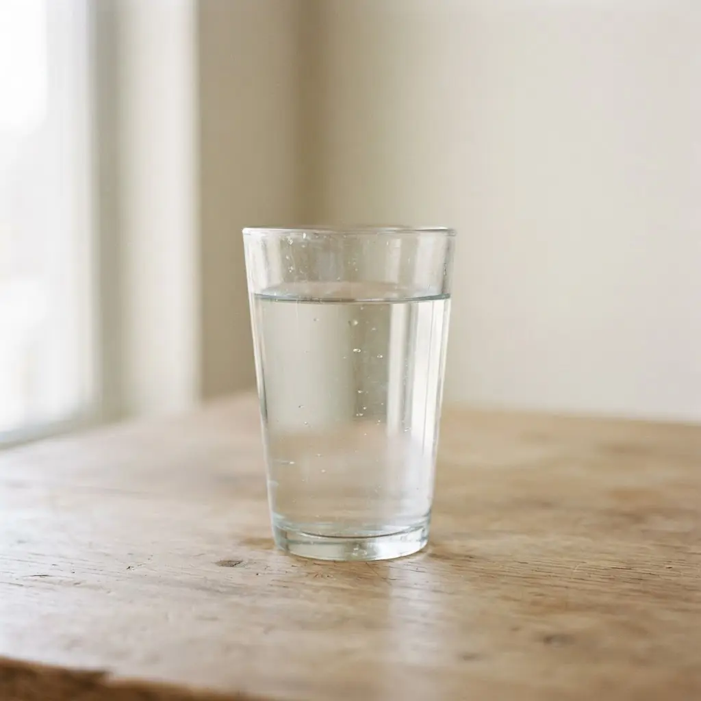 Water in a clear drinking glass on a plain wooden surface.