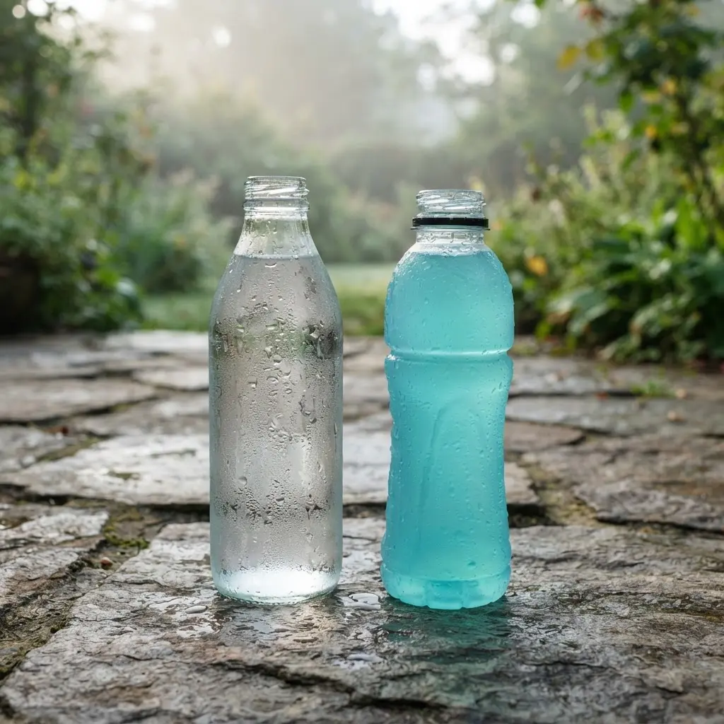 Condensation-covered water bottle beside a shaded chair, showing Ways to survive extreme summer heat with simple cooling steps.