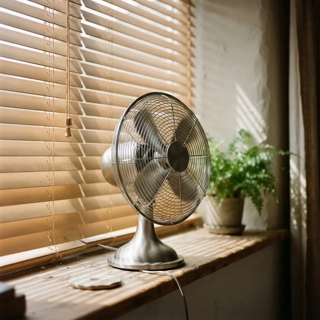 Closed blinds, a table fan, and a shaded window show simple ways to survive extreme summer heat indoors.