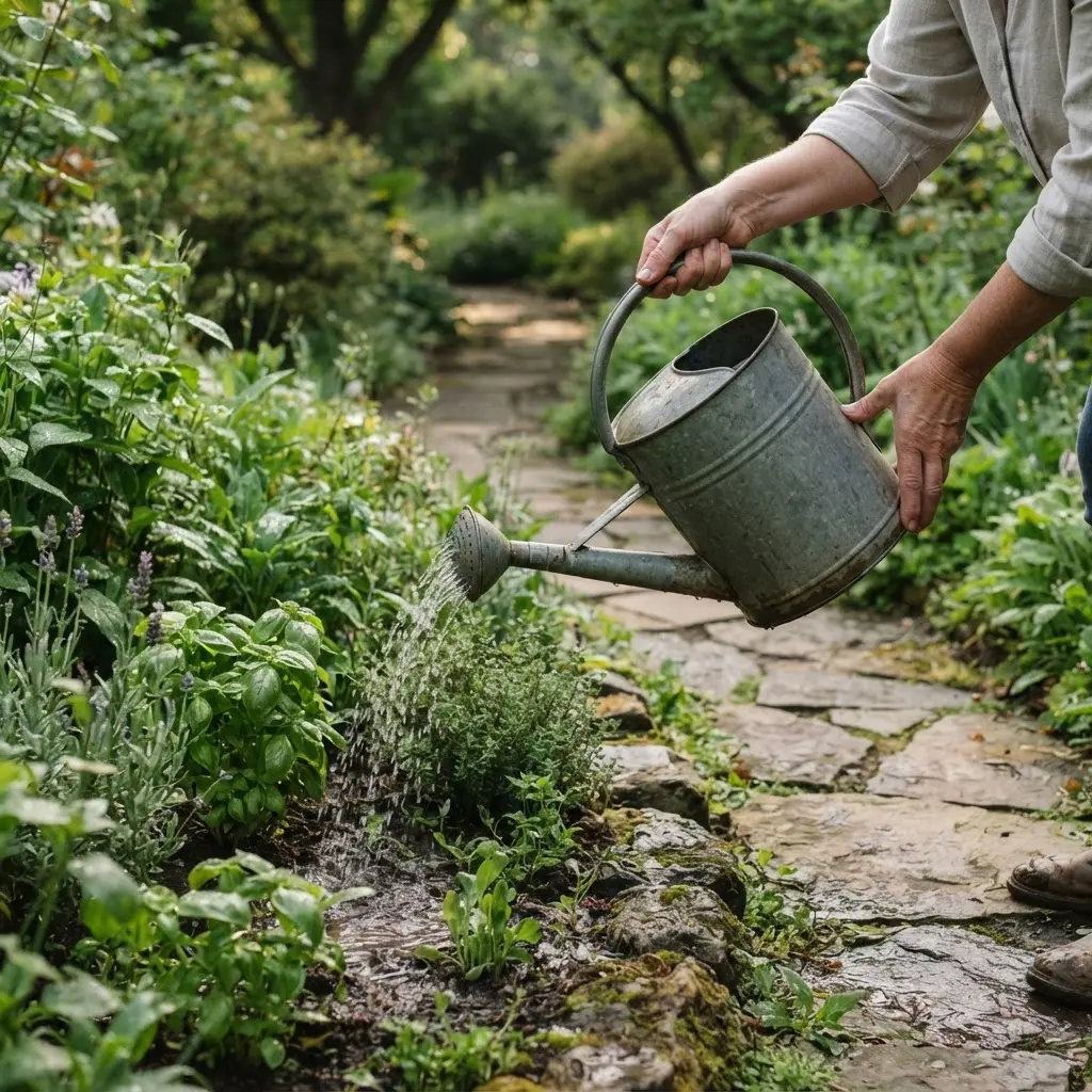 Person watering garden plants beside a shaded path during a cool early morning.