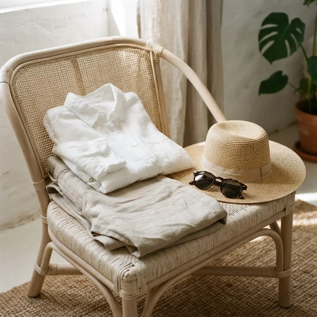 Light cotton shirt, linen trousers, wide-brim hat, and sunglasses arranged on a pale chair.