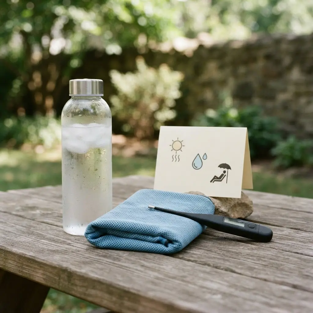 Water bottle, cool towel, and digital thermometer arranged beside a heat illness warning card.