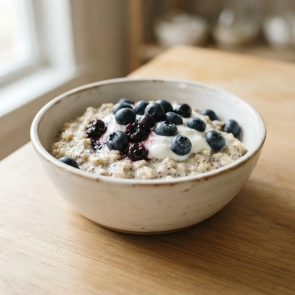 Glass jar of creamy blueberry chia overnight oats topped with berries and seeds for a whole grain breakfast.