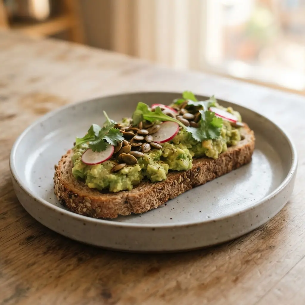 Smashed avocado spread on toasted whole wheat bread with pumpkin seeds, radish slices, and leafy greens.