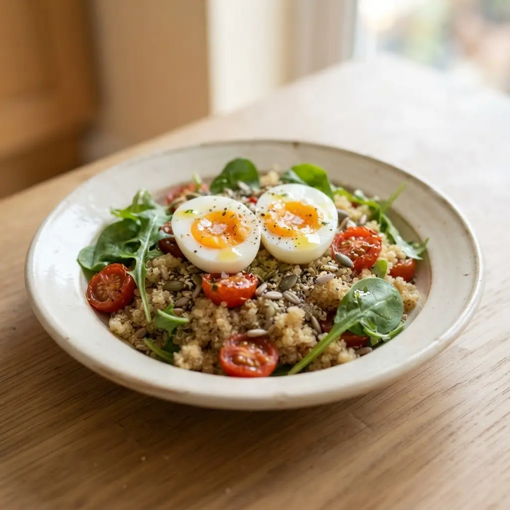 Savory quinoa breakfast bowl with a soft egg, greens, tomatoes, and seeds for a whole grain breakfast.